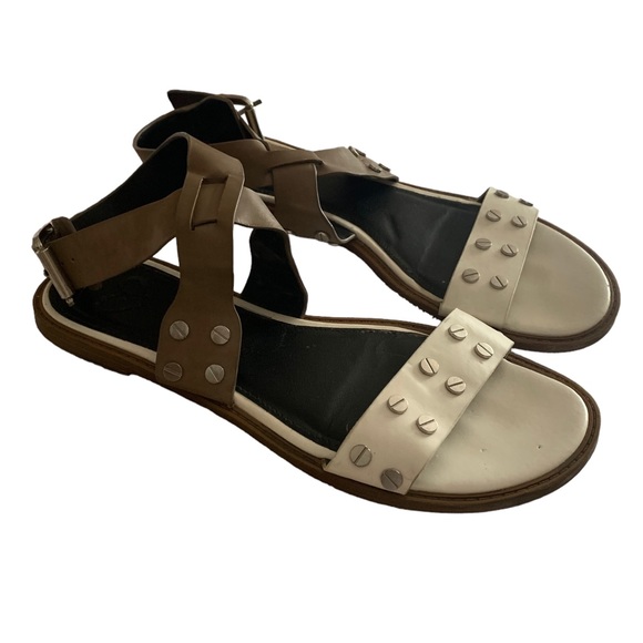 MADELINE Taupe Tan & White Silver Design Hardware Strappy Women’s Sandals Shoes - Picture 2 of 11